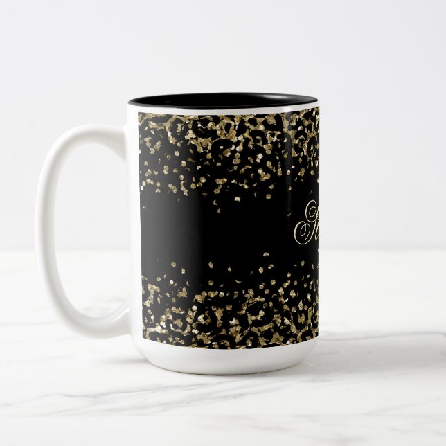 Monogram Black Gold Leopard Print Glitzer Overlay Zweifarbige Tasse (Links)