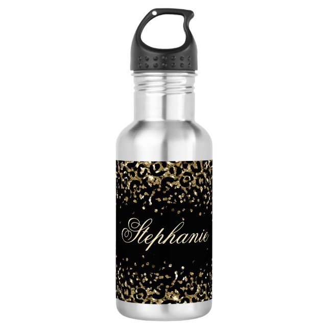 Monogram Black Gold Leopard Print Glitzer Trendy Edelstahlflasche (Vorderseite)