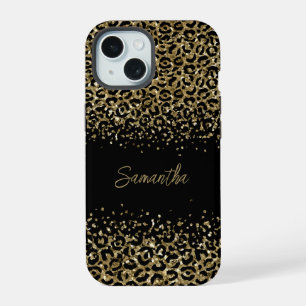 Monogram Black Gold Leopard Print Stilvoll Chic iPhone 15 Hülle