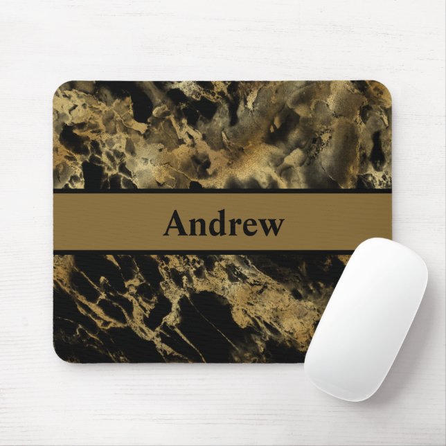 Monogram Black Gold Marmor Agate Modernes Trendy Mousepad (Mit Mouse)