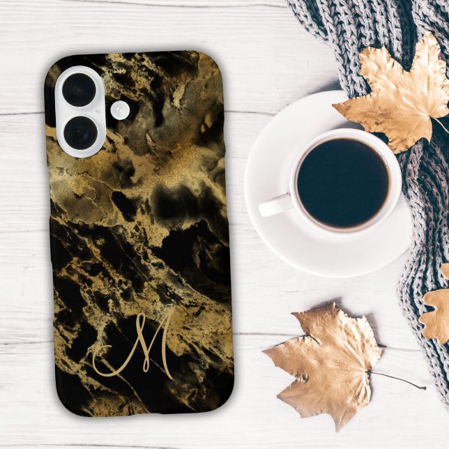 Monogram Black Gold Marmor Aquarell Alkohol Tinte Case-Mate iPhone Hülle (Monogram Initial Black Gold Watercolor wash alcohol ink iPhone case)