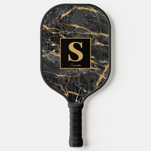 Monogram Black Gold Marmorname Pickleball Schläger (Vorderseite)
