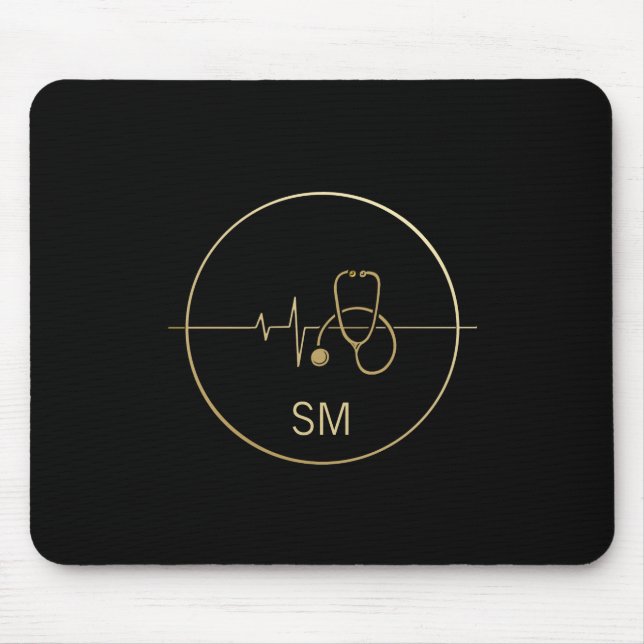 Monogram Black Gold Medical Stethoscope Heartbeat Mousepad (Vorne)