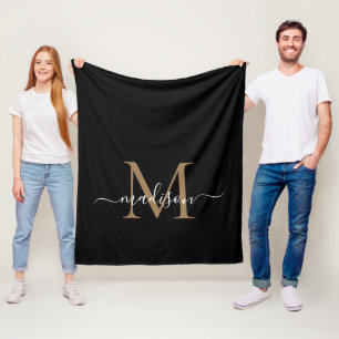 Monogram Black Gold Modern Girly Elegante Script Fleecedecke