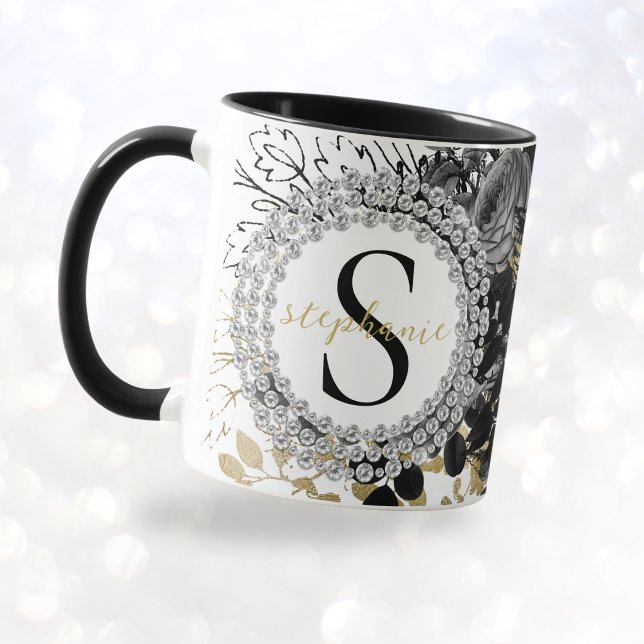 Monogram Black Gold Rose Diamonds Luxury Stylish Tasse (mockup view)