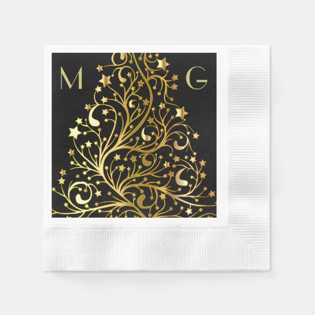 Monogram Black Gold Shiny Chic Decorative Stars Serviette (Vorderseite)