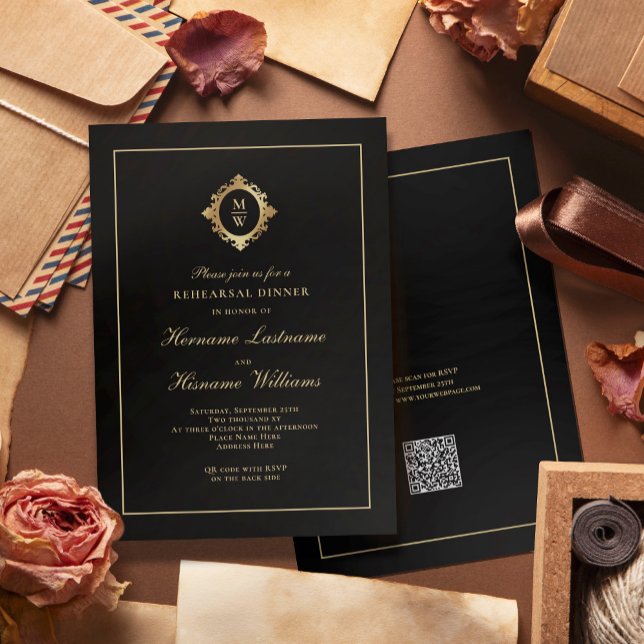 Monogram Black Gold UAWG QR Code Probe Dinner Einladung (Von Creator hochgeladen)