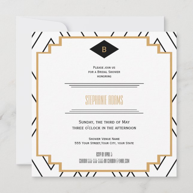 Monogram Black, Gold und White Art Deco Bridal Einladung (Vorderseite)