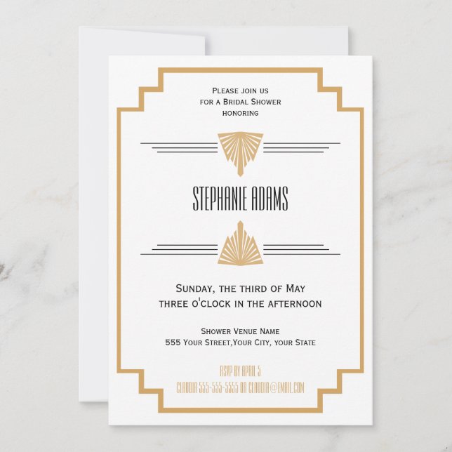 Monogram Black, Gold und White Art Deco Bridal Einladung (Vorderseite)