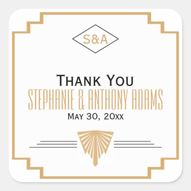 Monogram Black, Gold und White Art Deco Hochzeit Quadratischer Aufkleber (Vorderseite)