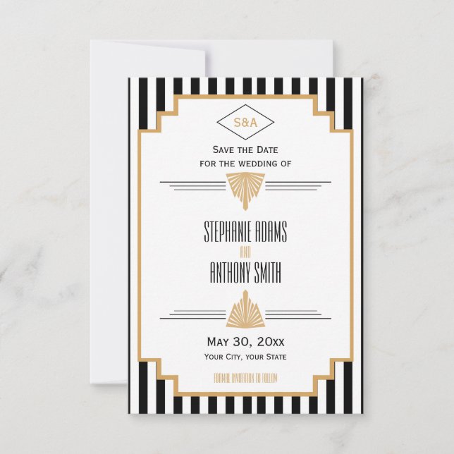 Monogram Black, Gold und White Art Deco Hochzeit Save The Date (Vorderseite)