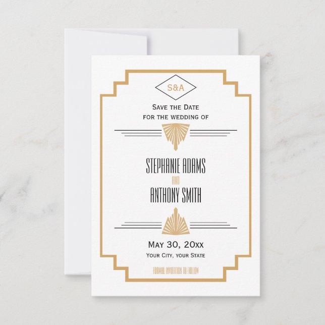 Monogram Black, Gold und White Art Deco Hochzeit Save The Date (Vorderseite)