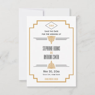 Monogram Black, Gold und White Art Deco Hochzeit Save The Date