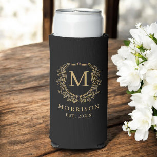 Monogram Black Gold Wappen Botanical Wedding Selters Dosenkühler
