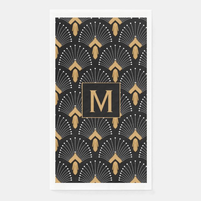 Monogram Black, Gold, White Art Deco Blume Serviette (Vorderseite)