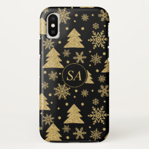 Monogram Black Golden Christmas Tree Snowflakes Case-Mate iPhone Hülle