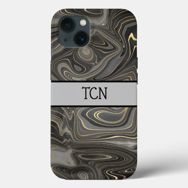 Monogram Black Gray Gold Marble Agate Strata Case-Mate iPhone Hülle (Rückseite)