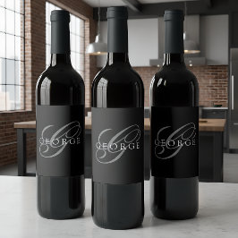 Monogram Black Gray Initial Script Name Weinetikett