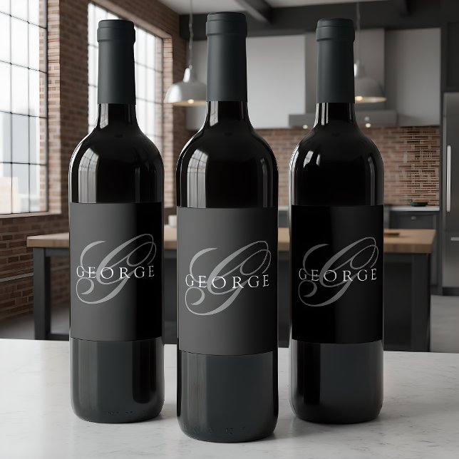 Monogram Black Gray Initial Script Name Weinetikett (Von Creator hochgeladen)