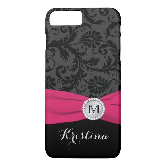 Monogram Black, Gray, Pink Damask iPhone 7 Case (Rückseite)
