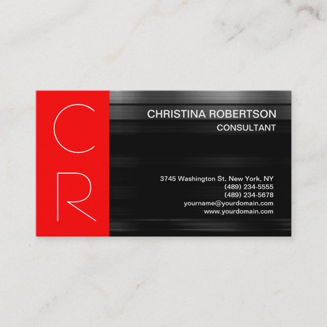 Monogram Black Gray Red Strip Business Card Visitenkarte (Vorderseite)
