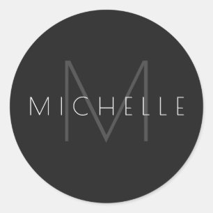 Monogram Black Gray White Modern Stylish Name Runder Aufkleber