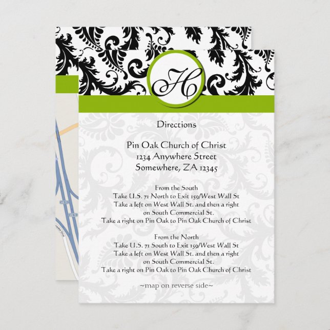 Monogram Black & Green Damask Richtungskarte Einladung (Vorne/Hinten)