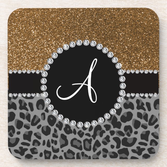 Monogram Black Leopard Gold Glitzer Untersetzer (Vorderseite)