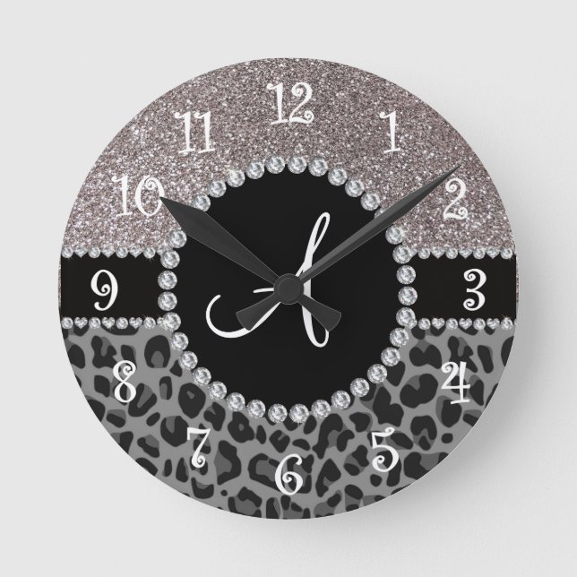Monogram Black Leopard Silber Glitzer Runde Wanduhr (Vorderseite)
