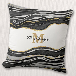 Monogram Black Marble Agate Gold Glitzer Kissen