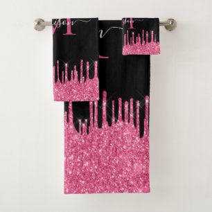 Monogram Black Metallic Hot Pink Dripping Glitzer Badhandtuch Set