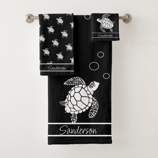 Monogram Black n White Sea Turtle Nautic Badhandtuch Set (Insitu)
