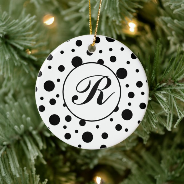 Monogram Black on White Polka Dot Pattern Keramik Ornament (Baum)