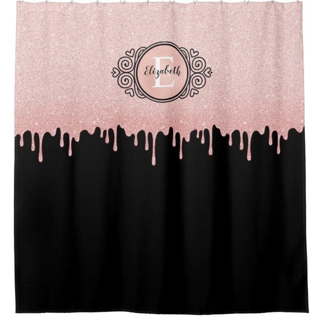 Monogram Black Pink Funkelnd Glitzer Tropfen Duschvorhang (Vorderseite)