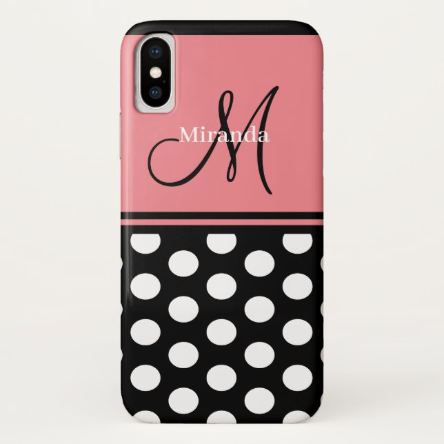 Monogram Black Pink White Polka Dots Script Case-Mate iPhone Hülle (Rückseite)