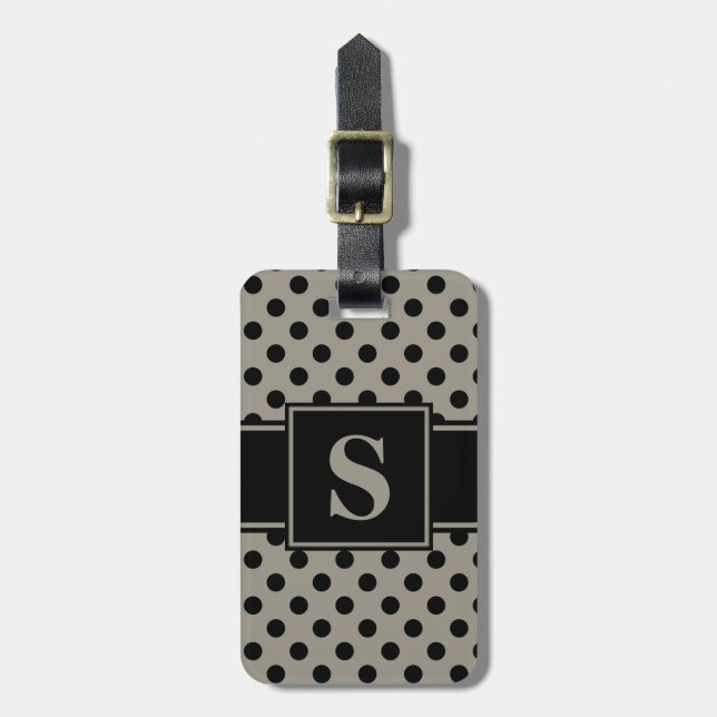 Monogram Black Polka Dots auf Aluminium Silber Gra Gepäckanhänger (Vorderseite vertikal)