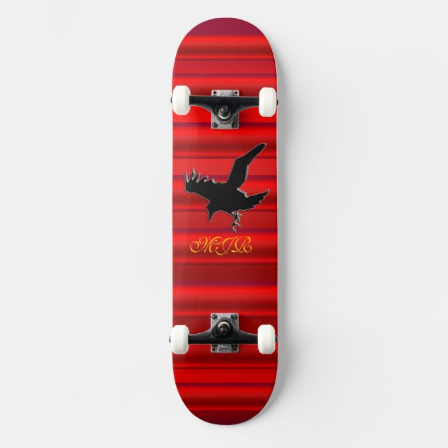 Monogram, Black Raven Logo auf rotem Chromeffekt Skateboard (Vorderseite)