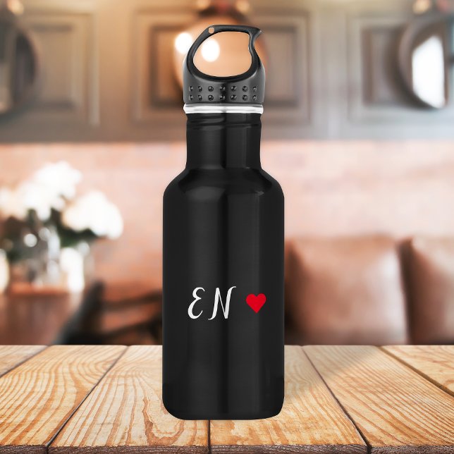 Monogram Black Red Heart Handgeschriebenes Skript Edelstahlflasche (Von Creator hochgeladen)