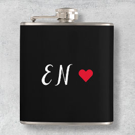 Monogram Black Red Heart Handgeschriebenes Skript Flachmann