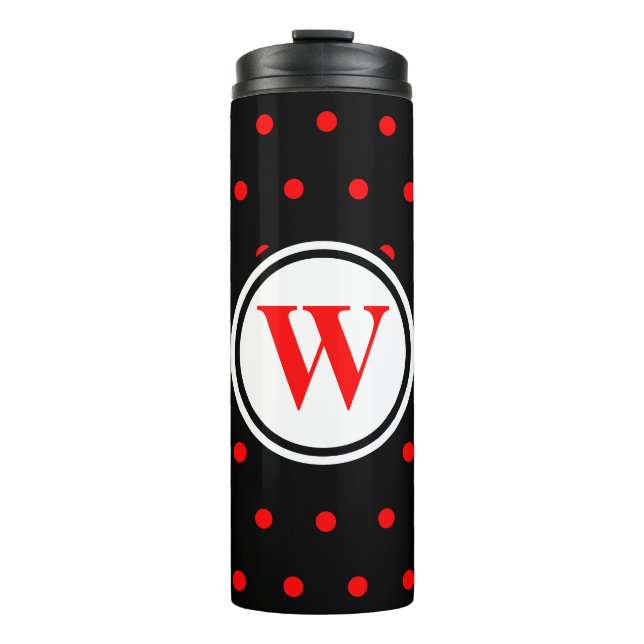 Monogram Black Red Polka Dots Thermosbecher (Vorderseite)
