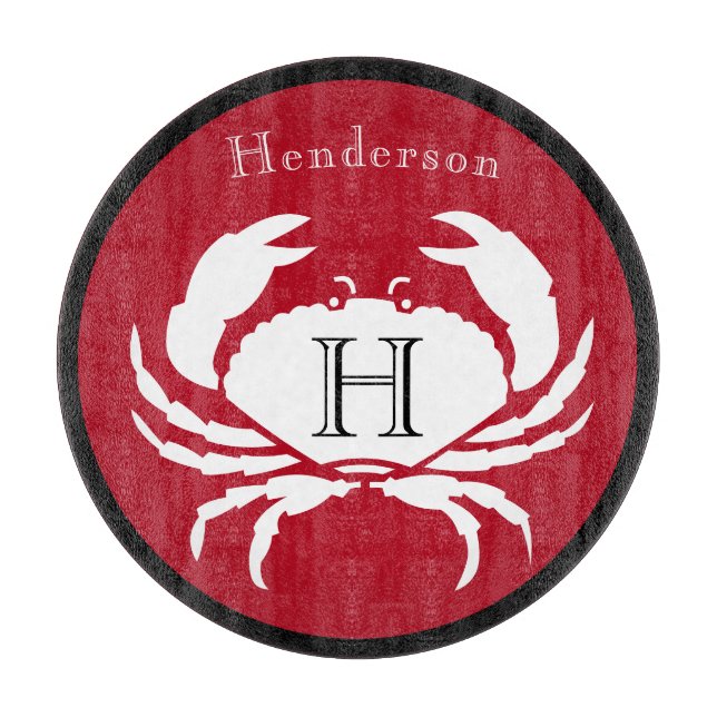 Monogram Black Red White Crab Nautical Cutting Boa Schneidebrett (Vorderseite)