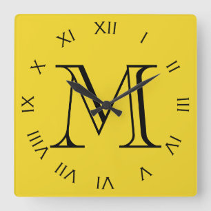 Monogram Black Roman Numbers On Yellow wccn Quadratische Wanduhr