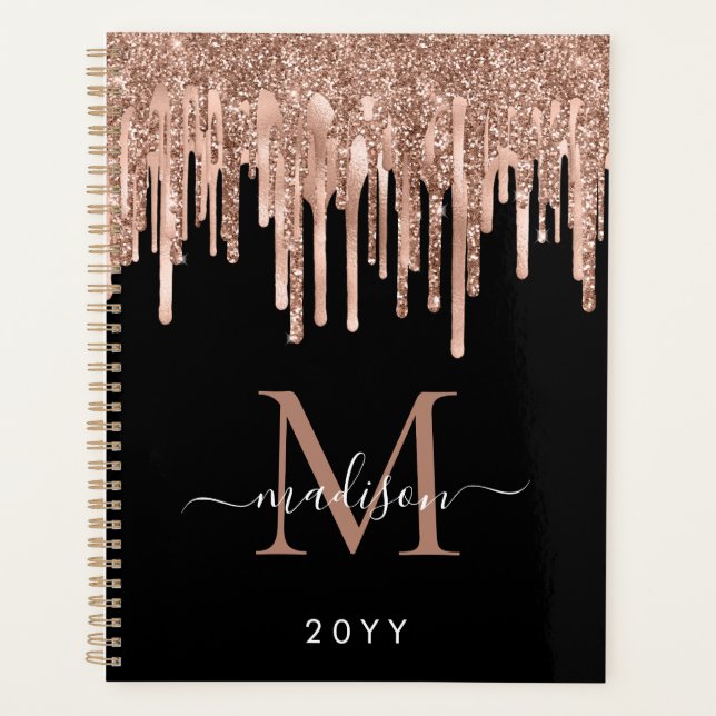 Monogram Black Rose Gold Dripping Metal Glitzer Planer (Vorderseite)