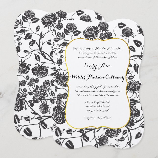 Monogram Black Rose Toile Gold Border Wedding Einladung (Vorne/Hinten)