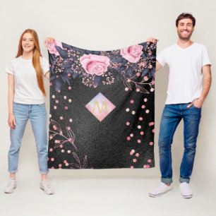 Monogram Black ROSEGOLD Pink Metallic Glitzer Girl Fleecedecke