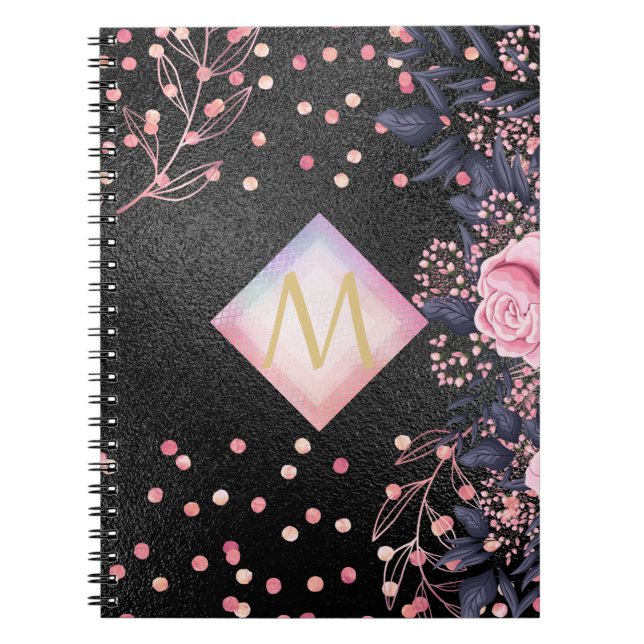 Monogram Black ROSEGOLD Pink Metallic Glitzer Girl Notizblock (Vorderseite)