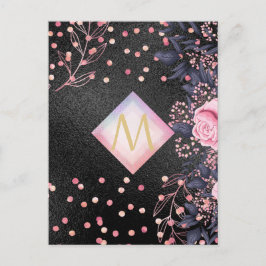 Monogram Black ROSEGOLD Pink Metallic Glitzer Girl Postkarte