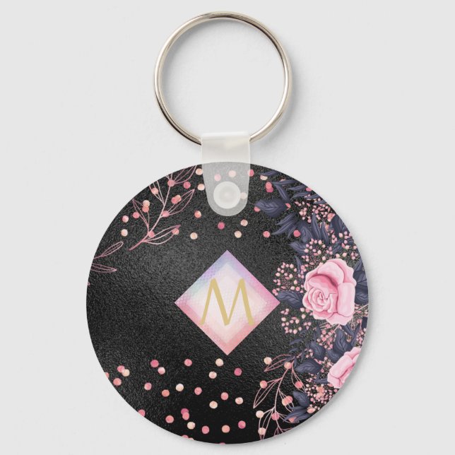 Monogram Black ROSEGOLD Pink Metallic Glitzer Girl Schlüsselanhänger (Vorderseite)