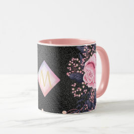 Monogram Black ROSEGOLD Pink Metallic Glitzer Girl Tasse