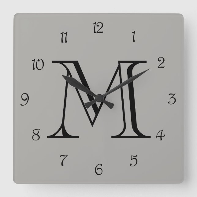 Monogram Black Script Numbers on Grey Wccn Quadratische Wanduhr (Vorderseite)